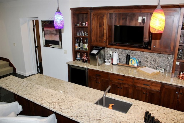 6822 Woodstock Ct, Shawnee, KS 66218 - indoor dry bar with beverage cooler, pendant lighting, backsplash, and stairway