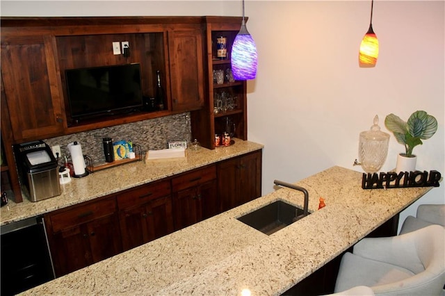 6822 Woodstock Ct, Shawnee, KS 66218 - bar featuring backsplash, decorative light fixtures, and wine cooler