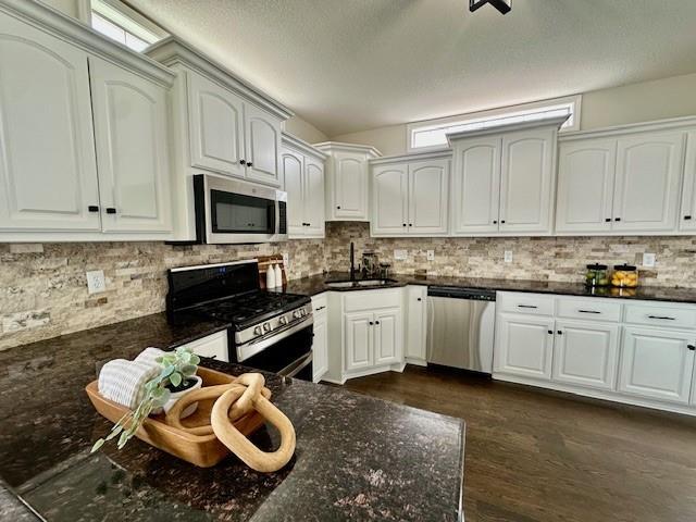 kitchen featuring a healthy amount of sunlight, decorative backsplash, a sink, and stainless steel appliances