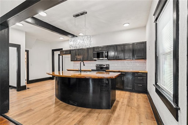 2905 Wabash Ave, Kansas City, MO 64109 - kitchen featuring stainless steel microwave, tasteful backsplash, light wood-type flooring, electric stove, and a sink