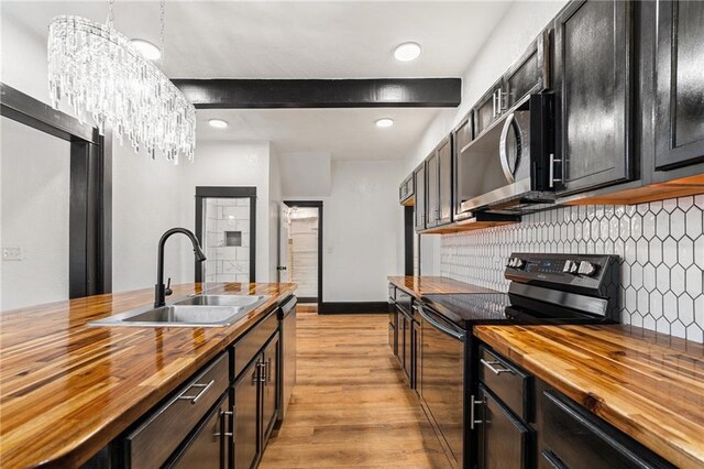 2905 Wabash Ave, Kansas City, MO 64109 - kitchen with butcher block countertops, decorative backsplash, a sink, and stainless steel appliances