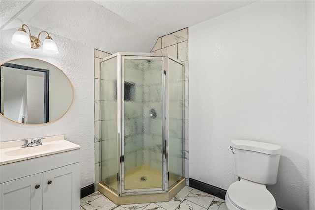 2905 Wabash Ave, Kansas City, MO 64109 - full bath featuring vanity, baseboards, toilet, a shower stall, and marble finish floor