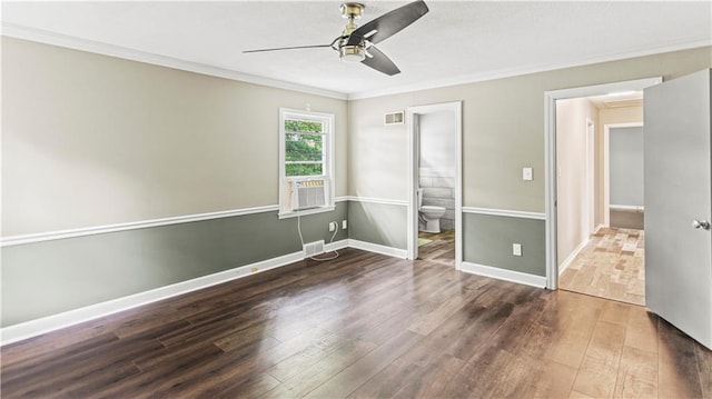 8813 W 106th Cir, Overland Park, KS 66212 - unfurnished bedroom with wood finished floors, ornamental molding, ensuite bath, baseboards, and a ceiling fan