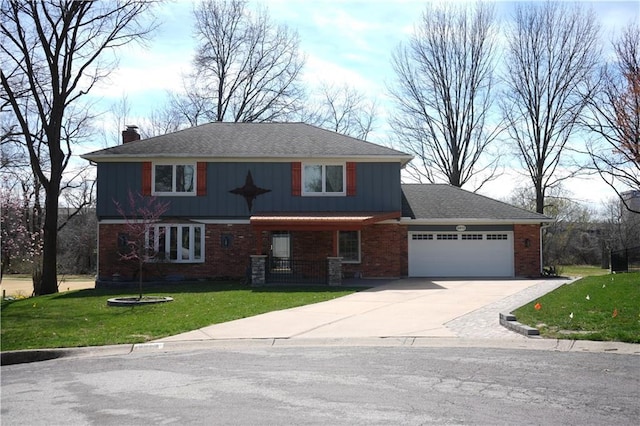 8813 W 106th Cir, Overland Park, KS 66212 - view of front of home with a garage, a chimney, a front lawn, and driveway