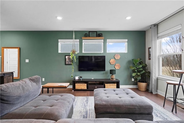 living room featuring plenty of natural light, baseboards, and wood finished floors