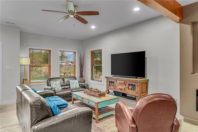 4866 Dabinawa Dr, Mclouth, KS 66054 - living room with baseboards, ceiling fan, visible vents, and recessed lighting