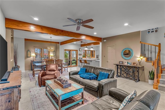 4866 Dabinawa Dr, Mclouth, KS 66054 - living area featuring stairway, recessed lighting, ceiling fan with notable chandelier, baseboards, and beam ceiling