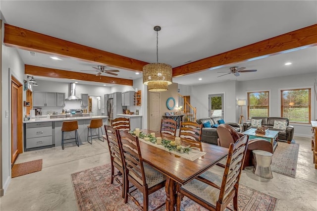 4866 Dabinawa Dr, Mclouth, KS 66054 - dining space featuring recessed lighting, beamed ceiling, and ceiling fan