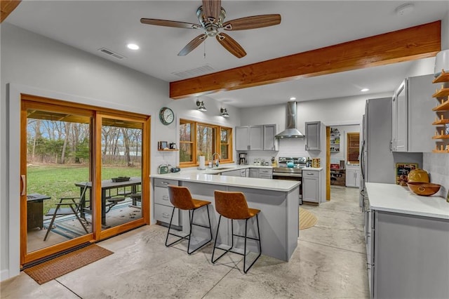 4866 Dabinawa Dr, Mclouth, KS 66054 - kitchen featuring a peninsula, wall chimney exhaust hood, stainless steel electric range, a sink, and gray cabinetry