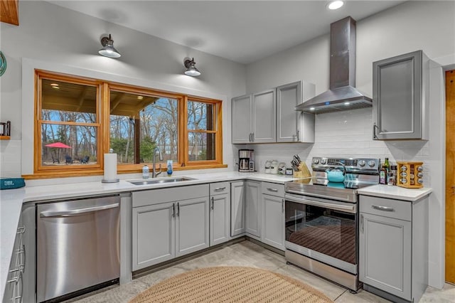 4866 Dabinawa Dr, Mclouth, KS 66054 - kitchen featuring a sink, wall chimney exhaust hood, gray cabinetry, and appliances with stainless steel finishes