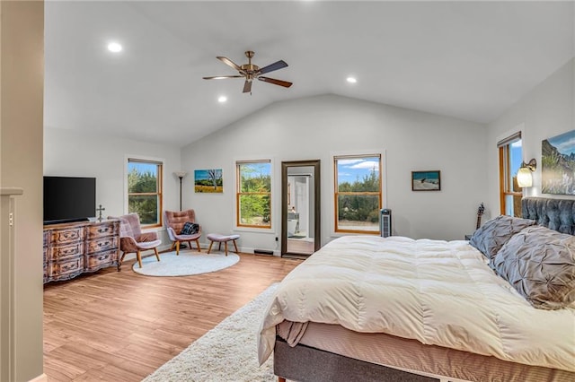 4866 Dabinawa Dr, Mclouth, KS 66054 - bedroom with vaulted ceiling, access to outside, light wood-style floors, ceiling fan, and recessed lighting
