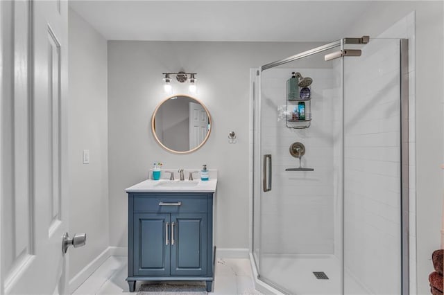 4866 Dabinawa Dr, Mclouth, KS 66054 - bathroom featuring baseboards, a stall shower, and vanity