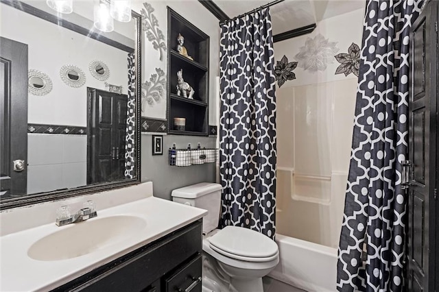full bath featuring toilet, vanity, and shower / tub combo with curtain