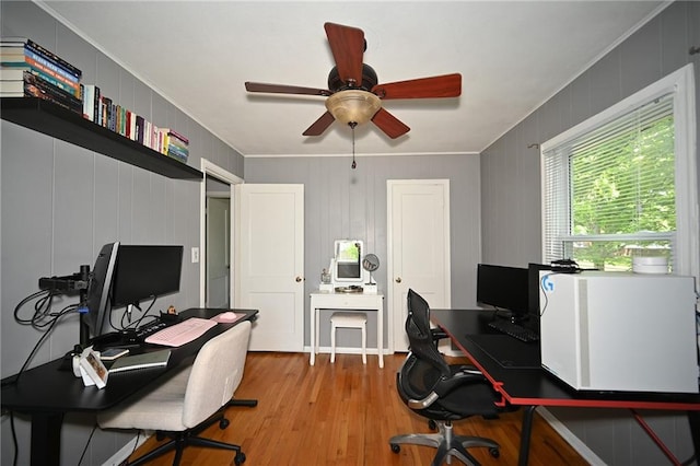 501 W 86th St, Kansas City, MO 64114 - office with ornamental molding, light wood-style flooring, and ceiling fan