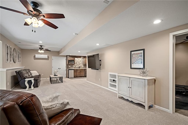 living room with light colored carpet, baseboards, ceiling fan, and recessed lighting