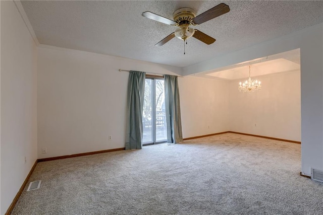 unfurnished room with visible vents, baseboards, carpet flooring, and ceiling fan with notable chandelier