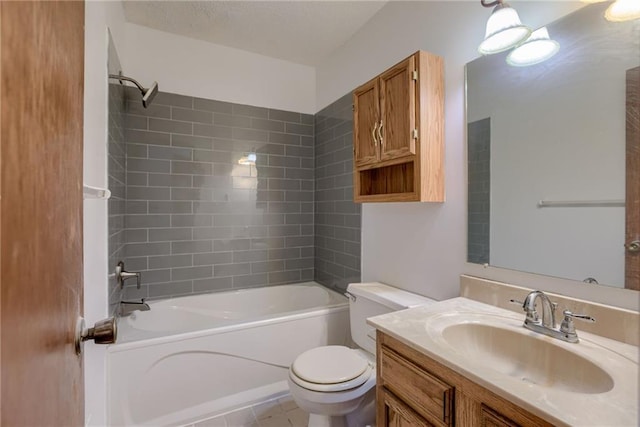 full bathroom with toilet, a textured ceiling, bathing tub / shower combination, and vanity