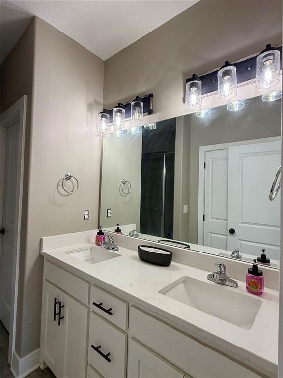 bathroom with a sink, double vanity, and a stall shower