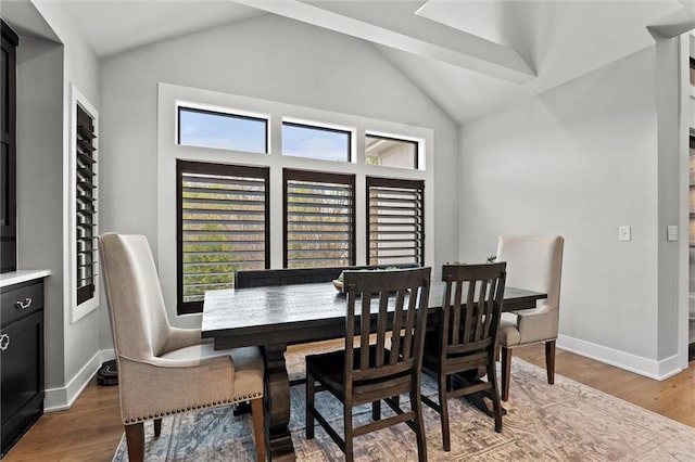 18050 N Peach Blossom Dr, Platte City, MO 64079 - dining space featuring vaulted ceiling, plenty of natural light, wood finished floors, and baseboards