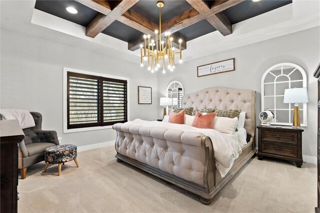 18050 N Peach Blossom Dr, Platte City, MO 64079 - carpeted bedroom with coffered ceiling, a chandelier, baseboards, and beamed ceiling