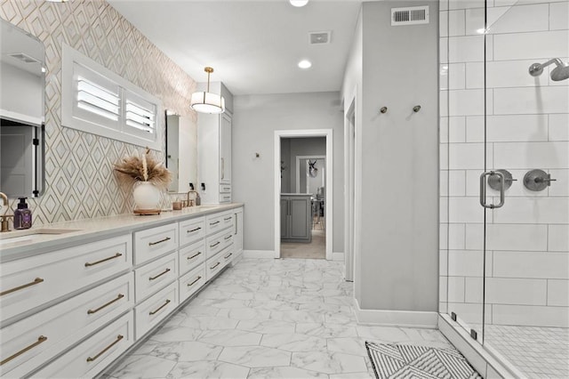 18050 N Peach Blossom Dr, Platte City, MO 64079 - bathroom with a shower stall, baseboards, marble finish floors, double vanity, and recessed lighting