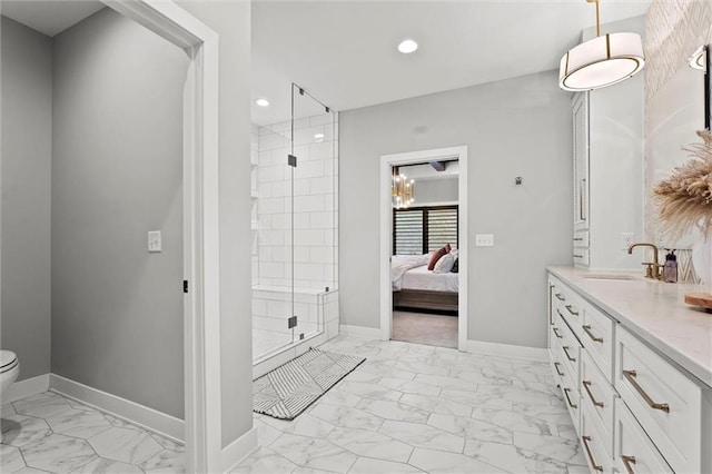 18050 N Peach Blossom Dr, Platte City, MO 64079 - bathroom with marble finish floors, a shower stall, recessed lighting, vanity, and toilet