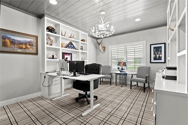 18050 N Peach Blossom Dr, Platte City, MO 64079 - office featuring a chandelier, wooden ceiling, recessed lighting, baseboards, and built in features