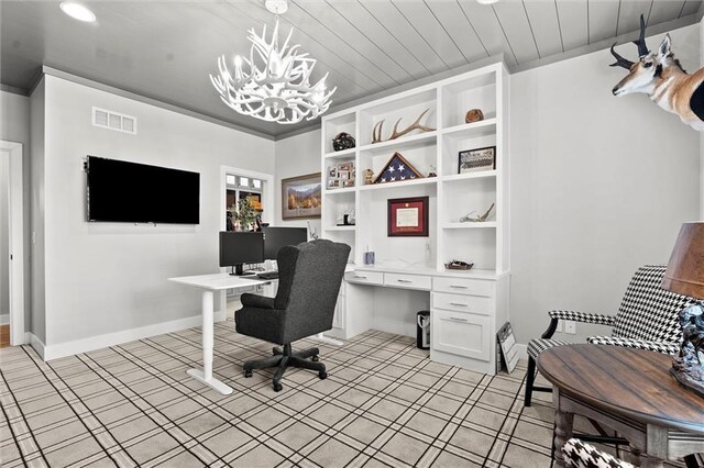 18050 N Peach Blossom Dr, Platte City, MO 64079 - office area featuring a chandelier, baseboards, wooden ceiling, built in desk, and recessed lighting