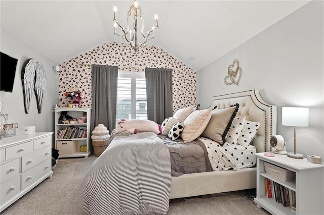 18050 N Peach Blossom Dr, Platte City, MO 64079 - bedroom featuring light carpet, a chandelier, and lofted ceiling