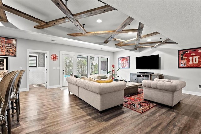 18050 N Peach Blossom Dr, Platte City, MO 64079 - living room featuring baseboards, recessed lighting, coffered ceiling, dark wood finished floors, and beamed ceiling