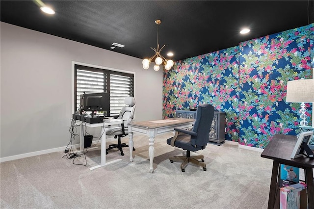 18050 N Peach Blossom Dr, Platte City, MO 64079 - home office featuring carpet floors, baseboards, wallpapered walls, and a chandelier