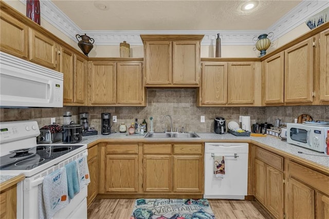 kitchen featuring white appliances, a sink, light countertops, light wood-type flooring, and crown molding