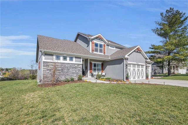 craftsman house featuring a front lawn, driveway, a porch, and a garage