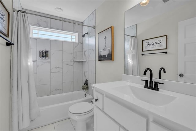 full bath featuring shower / tub combo, vanity, and toilet
