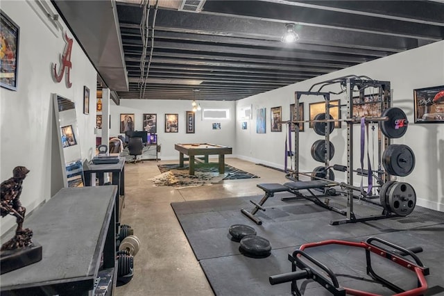 exercise area with visible vents and pool table