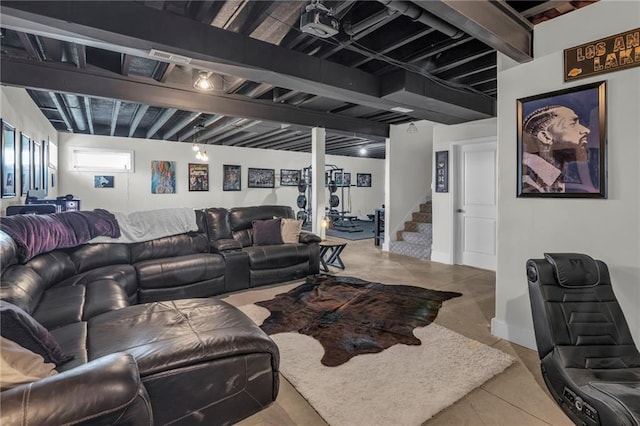 tiled living area featuring beamed ceiling, stairway, and baseboards