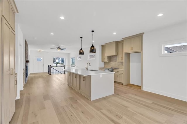 8804 NE 81st Ter, Kansas City, MO 64158 - kitchen with light wood-type flooring, a ceiling fan, a sink, and decorative backsplash