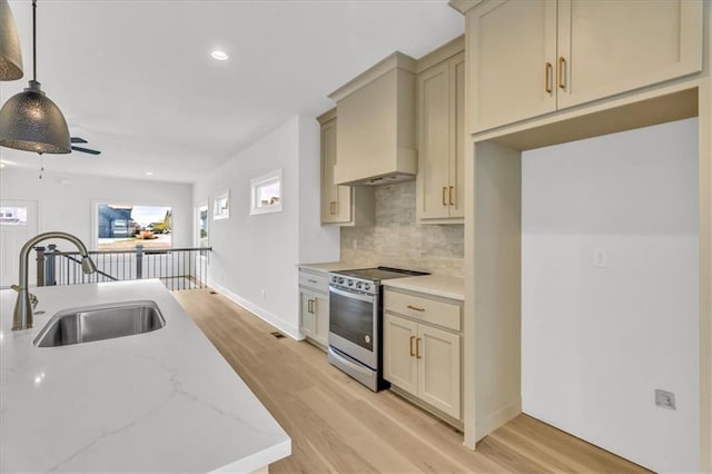 8804 NE 81st Ter, Kansas City, MO 64158 - kitchen with stainless steel range with electric stovetop, a sink, light wood-style floors, and decorative backsplash