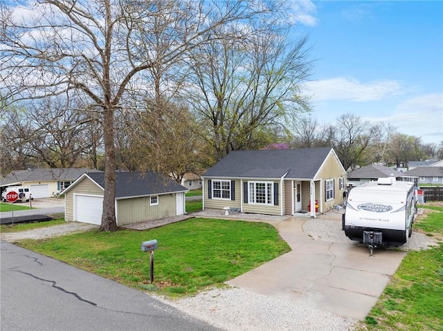 508 S 7th St, Louisburg, KS 66053 - ranch-style house featuring an outdoor structure, a front yard, a garage, and driveway