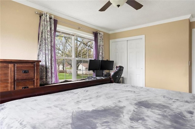 508 S 7th St, Louisburg, KS 66053 - bedroom featuring crown molding, a closet, and ceiling fan