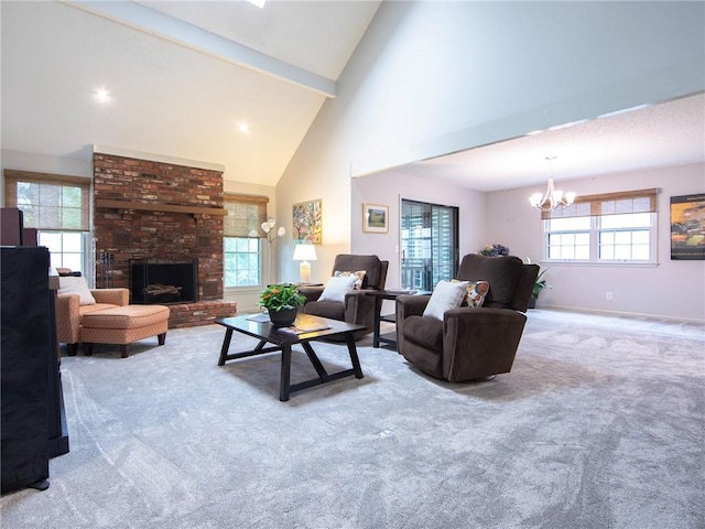 carpeted living room featuring a brick fireplace, high vaulted ceiling, baseboards, beamed ceiling, and a chandelier