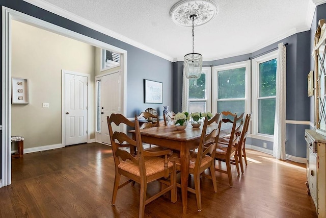 dining space featuring wood finished floors, crown molding, a textured ceiling, healthy amount of natural light, and baseboards