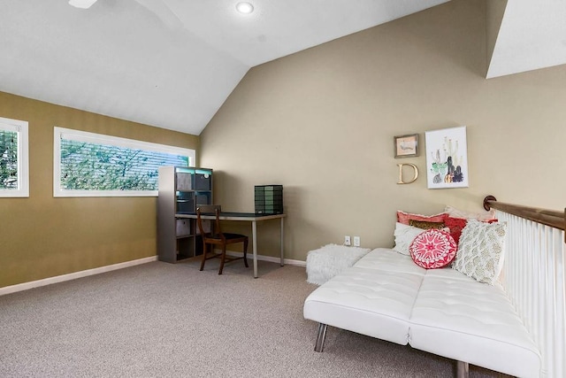 carpeted bedroom with multiple windows, baseboards, vaulted ceiling, and an office area