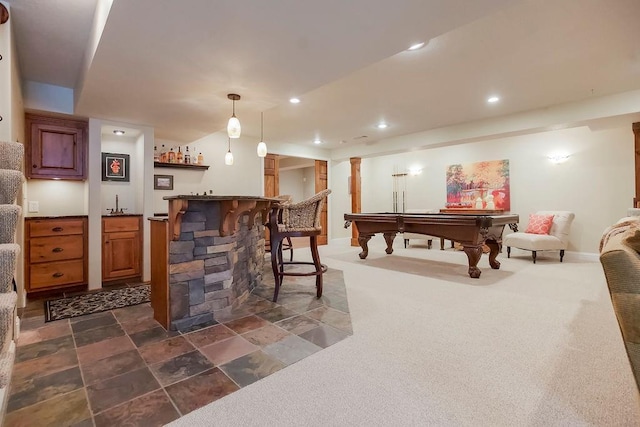 recreation room with bar, decorative columns, recessed lighting, pool table, and baseboards