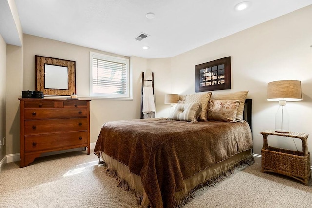 bedroom with carpet flooring, baseboards, and recessed lighting