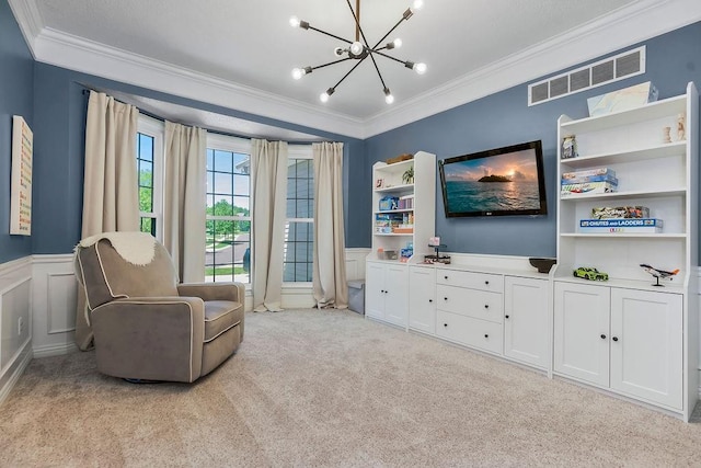 14327 King St, Overland Park, KS 66221 - living area with ornamental molding, light carpet, a chandelier, wainscoting, and a decorative wall