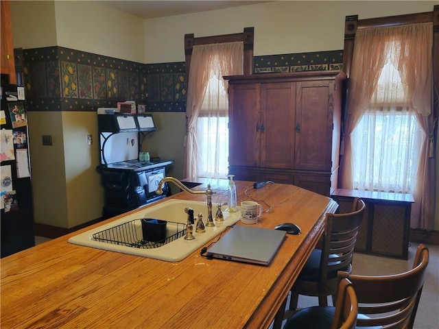 kitchen with wood counters and freestanding refrigerator
