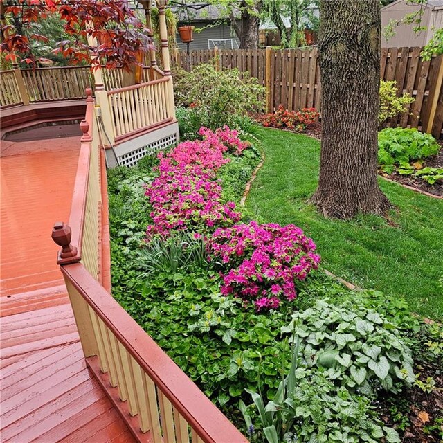view of yard with fence and a deck