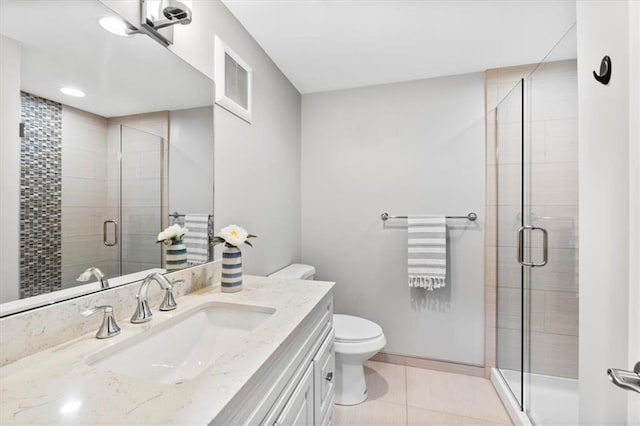 bathroom featuring tile patterned flooring, vanity, visible vents, toilet, and a shower stall