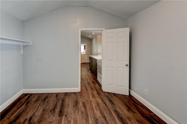 interior space featuring baseboards, vaulted ceiling, and dark wood-style flooring